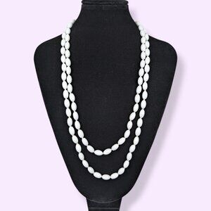 V. Long Knotted Milk Glass Oval Beaded Necklace